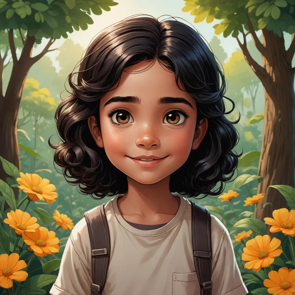 a young girl standing in a forest with yellow flowers on the ground and trees in the background, with a cartoon character in the foreground, paris school, a character portrait, Aaron Jasinski, character portrait