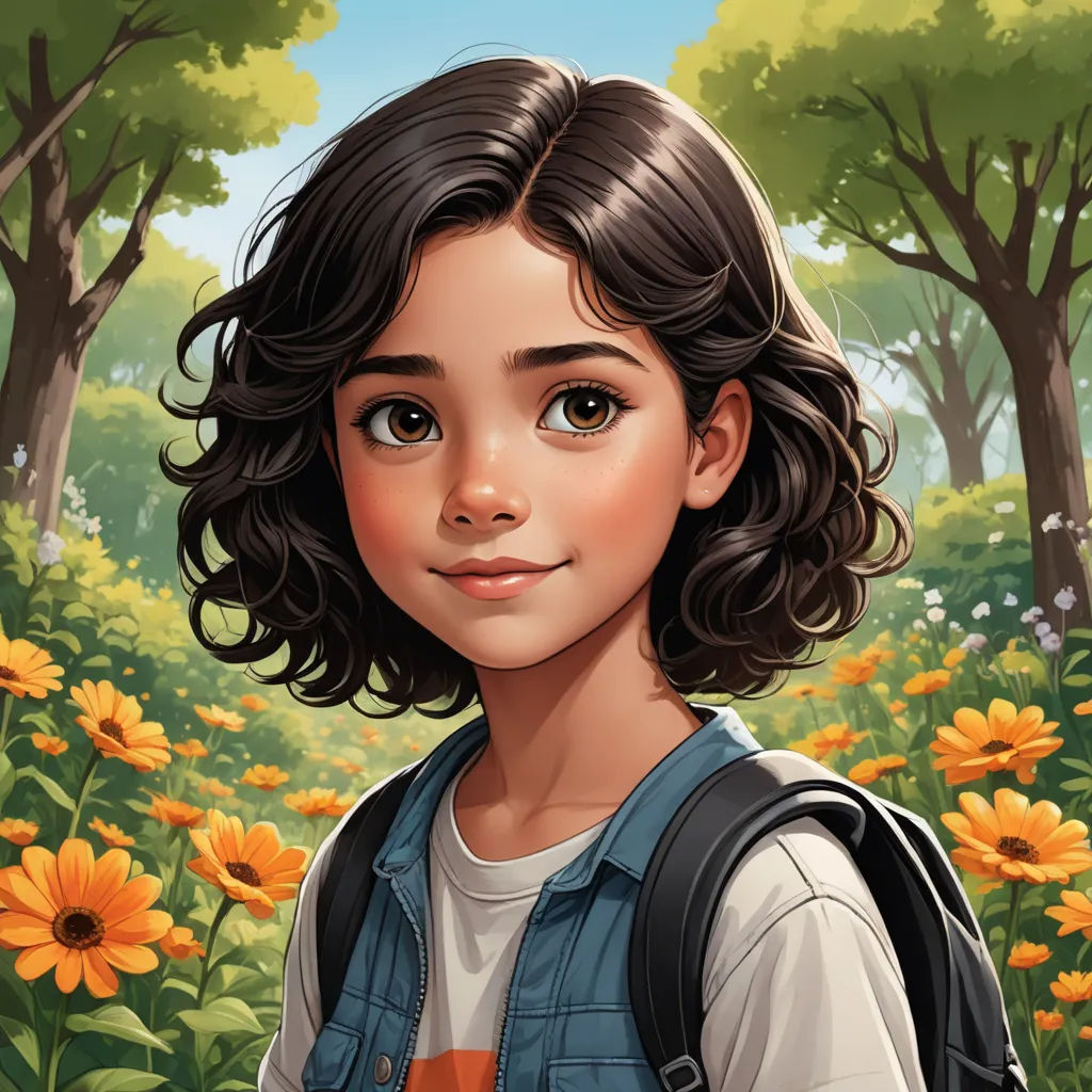 a painting of a young girl in a field of flowers with a backpack on her shoulder and a forest in the background, paris school, a character portrait, Constance Gordon-Cumming, rossdraws global illumination