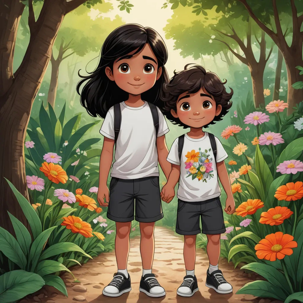 a couple of kids standing in a forest holding hands and looking at the camera with flowers in the background, lyco art, a storybook illustration, Diego Gisbert Llorens, official art