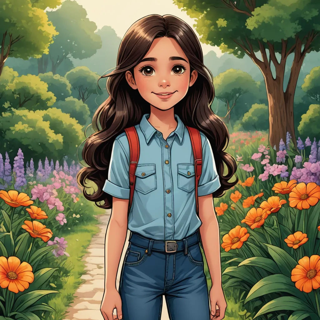 a girl with long hair and a backpack standing in a field of flowers and trees with a path leading to the woods, magical realism, a character portrait, Cliff Childs, kinkade