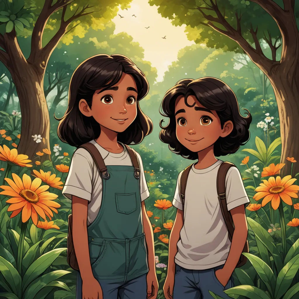 two children standing in a forest with sunflowers in the background and a forest with trees and flowers, environmental art, a storybook illustration, Diego Gisbert Llorens, comic cover art