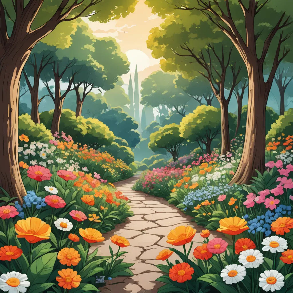 a pathway through a beautiful forest with flowers and trees on either side of it is a castle in the distance, fantasy art, a storybook illustration, Dan Mumford, kinkade