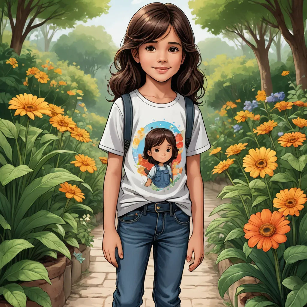 a girl standing in a garden with flowers and trees in the background and a path leading to the woods, photorealism, a storybook illustration, Clarice Beckett, full body portrait