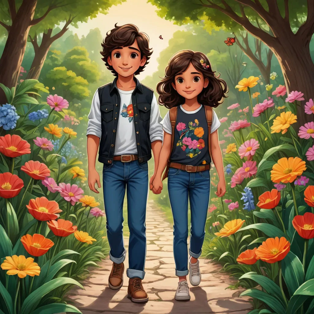 a boy and a girl are walking through a flower garden together illustration by alex macinne for the children's book, lyco art, a storybook illustration, Cliff Childs, official art