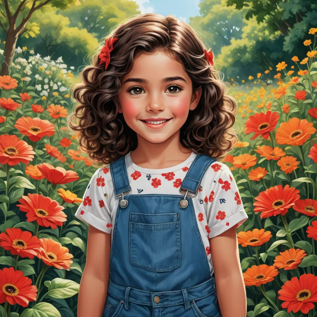 a painting of a girl in a field of flowers with a red bow in her hair and a white shirt, photorealism, an ultrafine detailed painting, Bob Byerley, highly detailed digital painting
