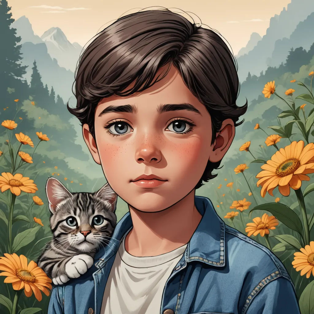 a boy with a cat in his arms in a field of flowers with mountains in the background and sunflowers, fantasy art, a character portrait, Aaron Jasinski, trending on art station
