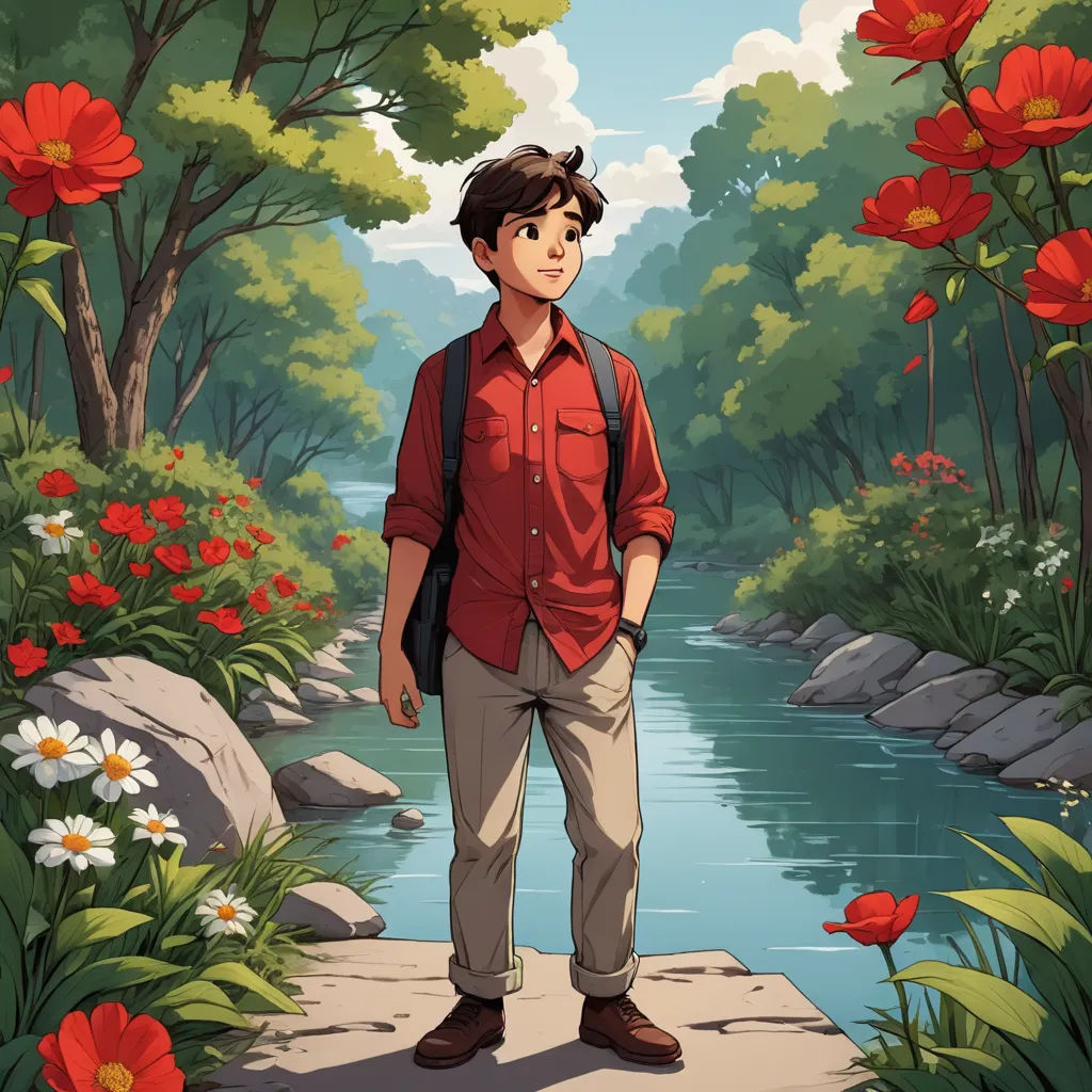 a man standing on a rock in front of a river and flowers with a red shirt on and a backpack on, environmental art, a storybook illustration, Cedric Seaut (Keos Masons), rossdraws global illumination