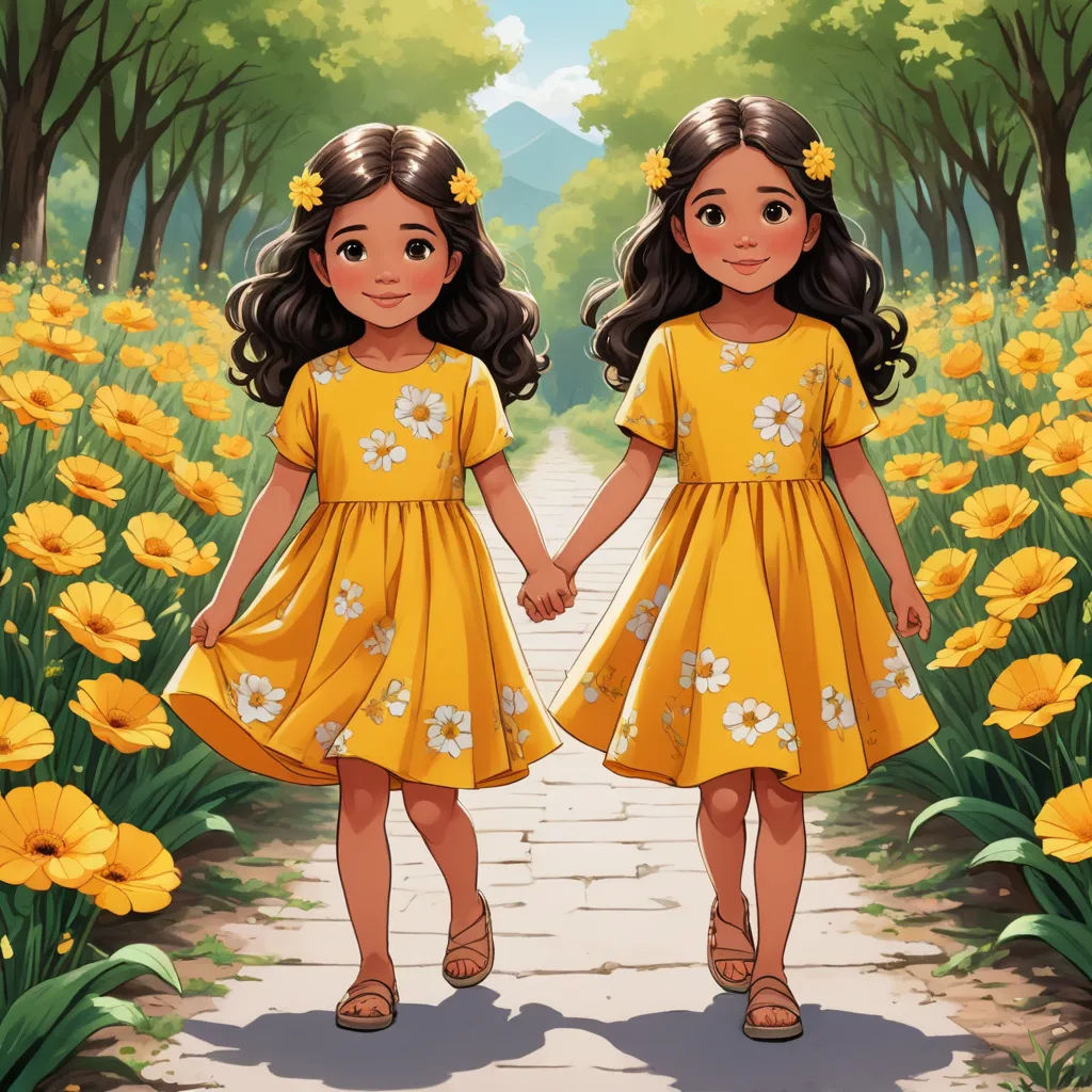 two little girls holding hands while walking through a field of flowers with yellow flowers on them and a path leading to a forest, lyco art, a storybook illustration, Anne Said, rossdraws global illumination