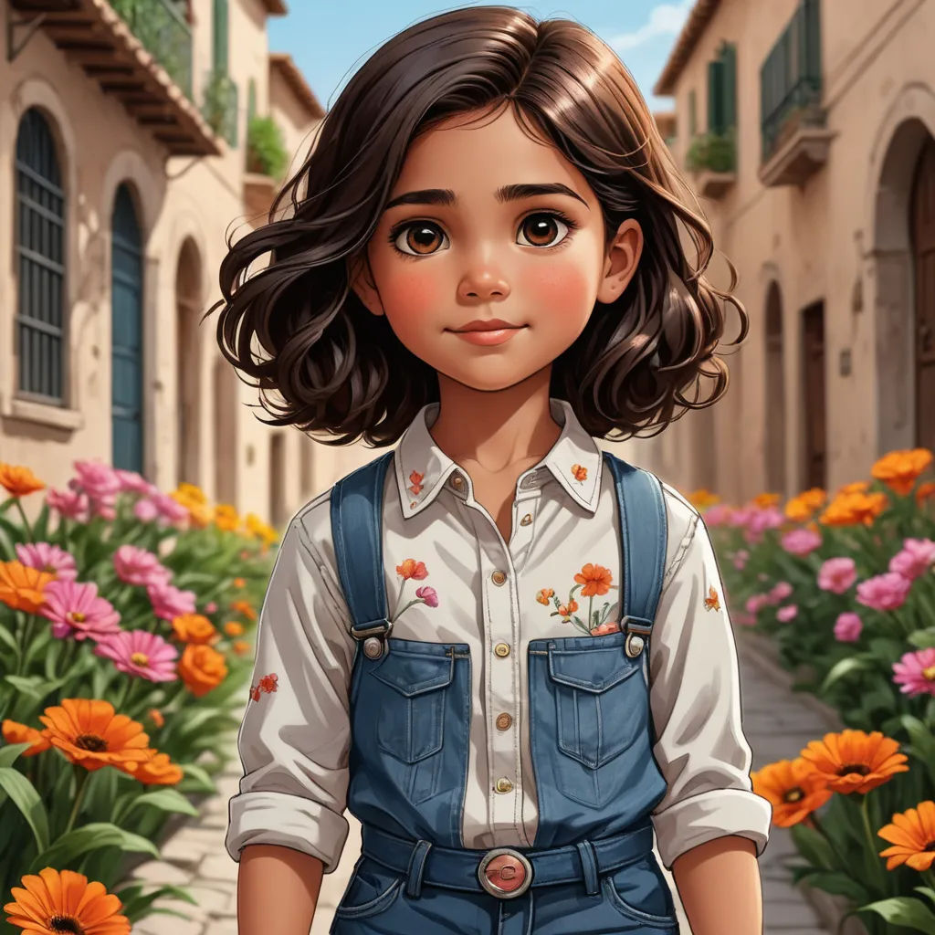 a painting of a girl in overalls standing in a garden of flowers with buildings in the background and a walkway, photorealism, an ultrafine detailed painting, Cliff Childs, trending on art station