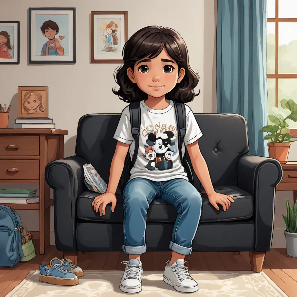 a girl sitting on a couch in a living room with a book bag and a backpack on her lap, sots art, a character portrait, Clarice Beckett, character portrait