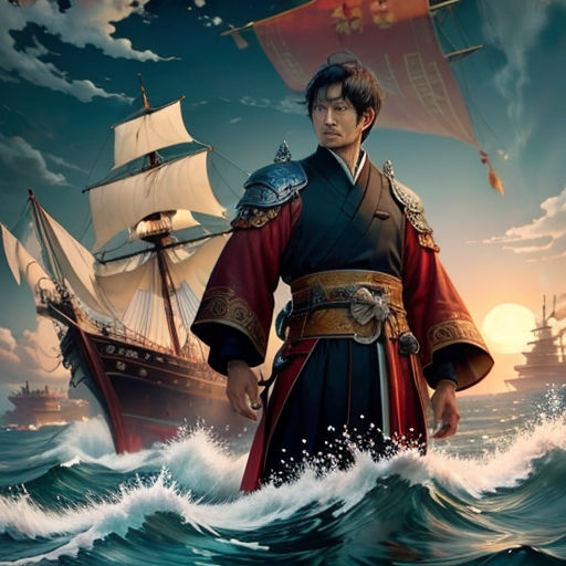 a man in a costume standing on a boat in the ocean with a pirate ship in the background and a ship in the water