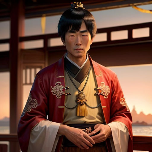 a man in a traditional chinese costume standing in front of a lake at sunset or sunrise time, with a mountain in the background