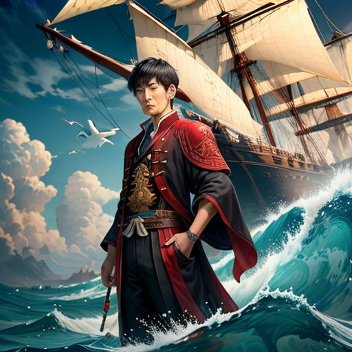 a man in a red coat standing on a boat in the ocean with a bird flying over him and a ship in the background
