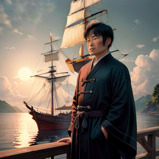 a man in a black robe standing on a pier next to a boat in the ocean with a sunset behind him