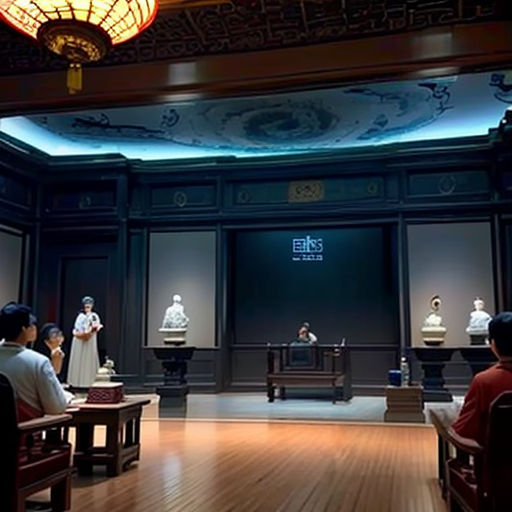 a group of people sitting in chairs in a room with a ceiling light above them and a chandelier above them