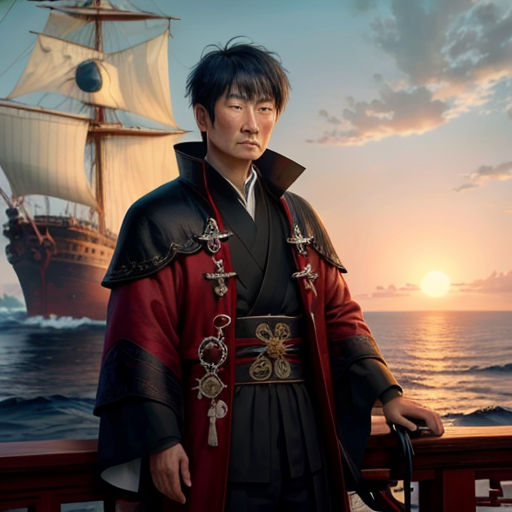 a man in a costume standing on a deck near a ship in the ocean at sunset with a sailboat in the background
