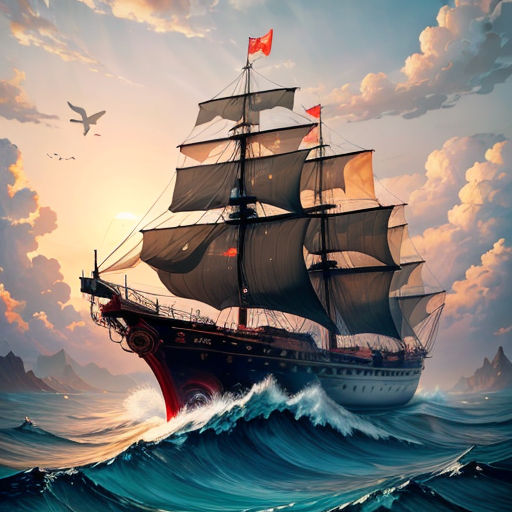 a painting of a ship in the ocean with a bird flying above it and a bird flying above it