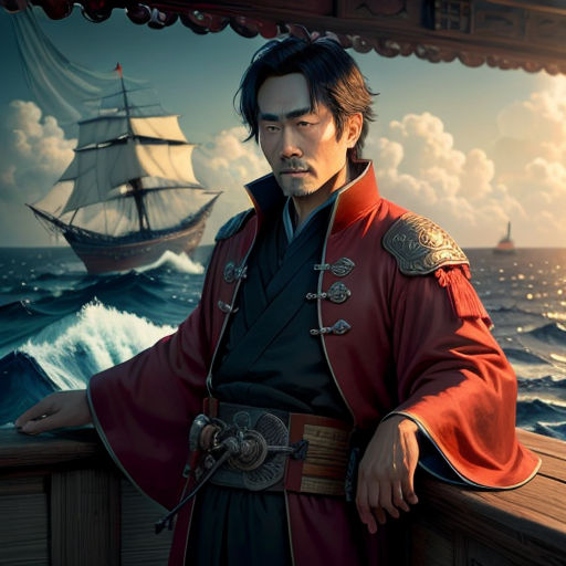 a man in a red coat standing on a boat in the ocean with a ship in the background and a ship in the water