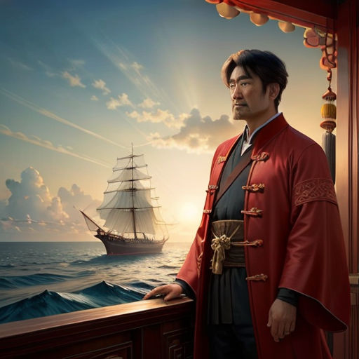 a man in a red coat standing on a balcony next to a boat in the ocean at sunset with a sky background