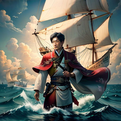 a man in a red and white outfit standing in the ocean with a boat in the background and clouds