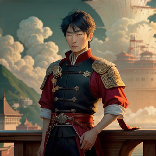 a man in a chinese costume standing on a balcony with a castle in the background and clouds in the sky