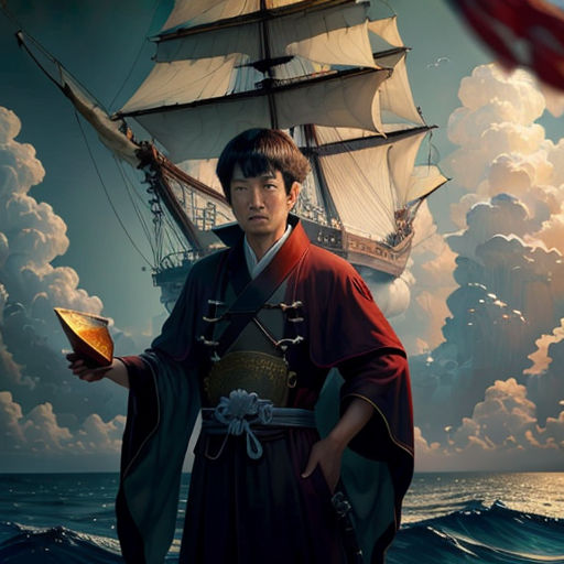 a man in a costume standing in front of a boat with a flag on it and a flag flying in the background