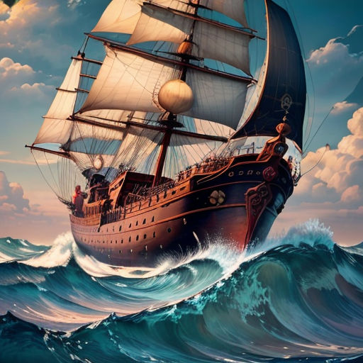 a painting of a ship in the ocean with a sky background and clouds above it, with a wave in the foreground