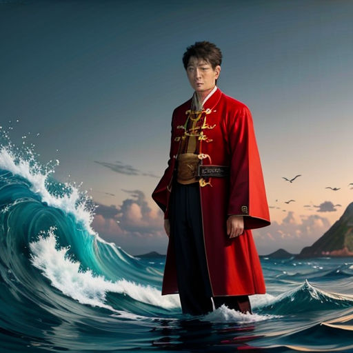 a man in a red coat standing in the ocean with a bird flying over him and a boat in the background