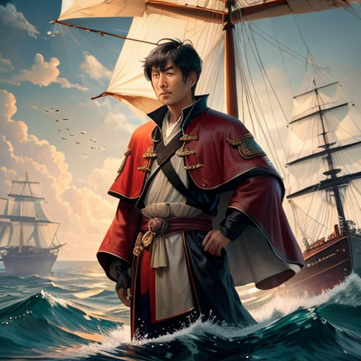a man in a red coat standing on a boat in the ocean with a sailboat in the background