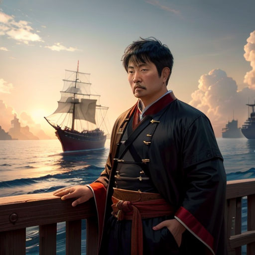 a man in a black coat standing on a balcony next to a boat in the ocean at sunset with a ship in the background