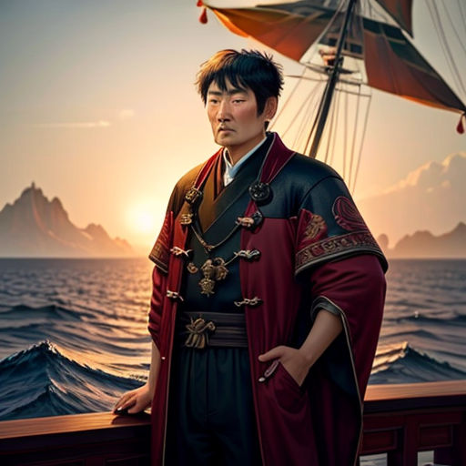 a man in a red shirt standing in the ocean with a ship in the background and a sunset behind him