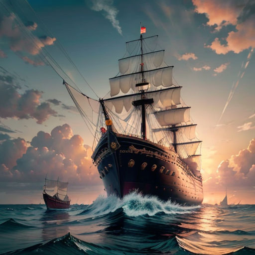 a painting of a ship in the ocean with a sunset behind it and a sailboat in the water