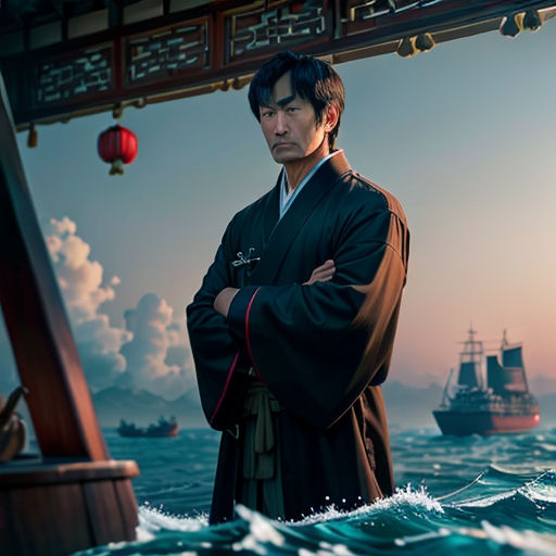 a man in a kimono standing in the ocean with a ship in the background in a scene from the movie the great wall