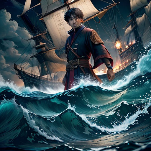 a man in a pirate costume standing on a boat in the ocean with a ship in the background and a full moon in the sky