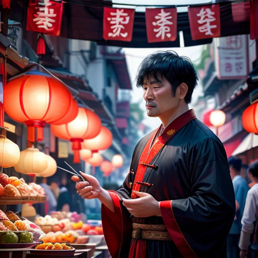 a man in a chinese street vendor's market looking at his cell phone and holding a knife in his hand
