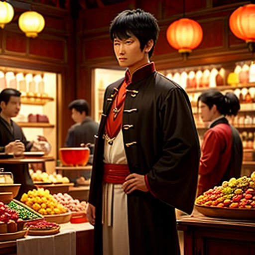 a man in a black coat standing in front of a fruit stand with people in the background and lanterns overhead