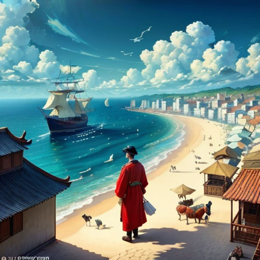 a painting of a man standing on a beach looking at the ocean and a ship in the distance with a city in the background