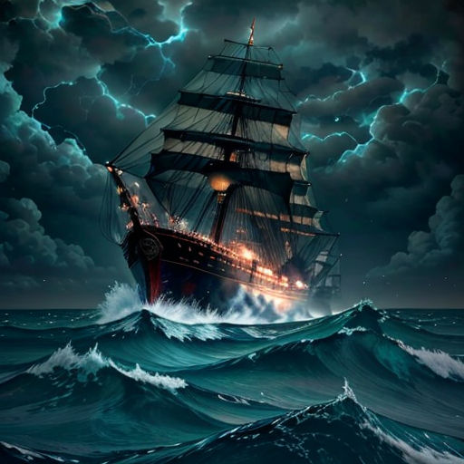 a ship in the ocean with lightning in the sky above it and a full moon in the sky above it