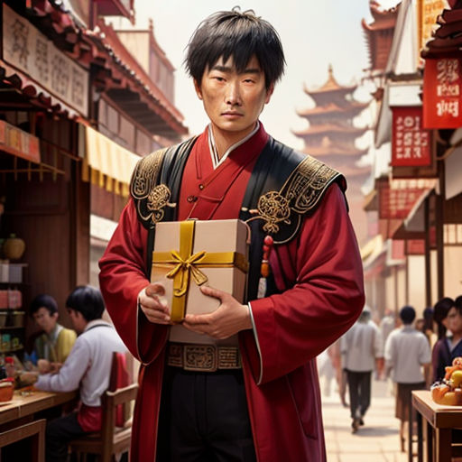 a man in a red robe holding a box in a street with people walking by and buildings in the background