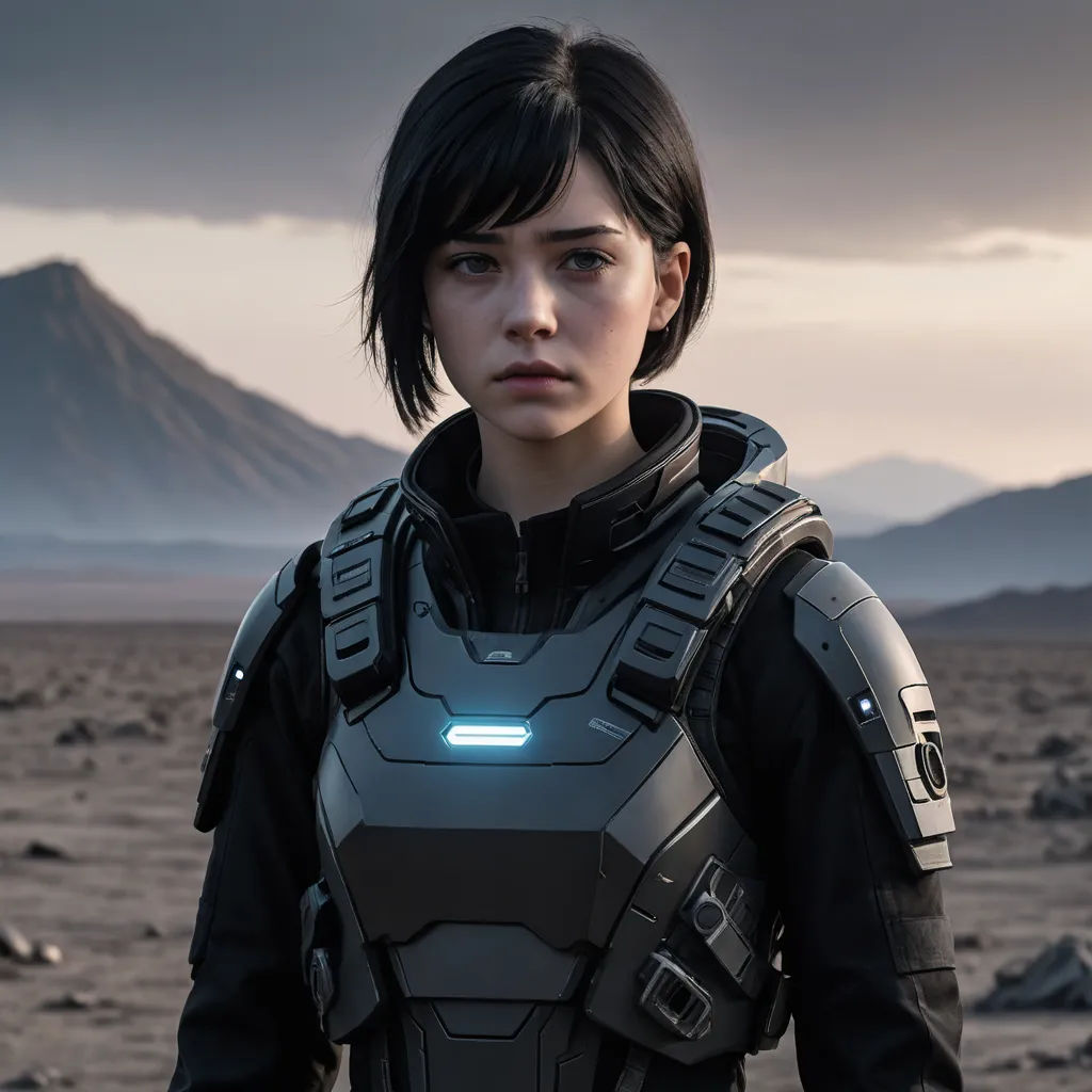 a woman in a futuristic suit standing in a desert area with a mountain in the background and a cloudy sky, antipodeans, a character portrait, Eve Ryder, promotional image