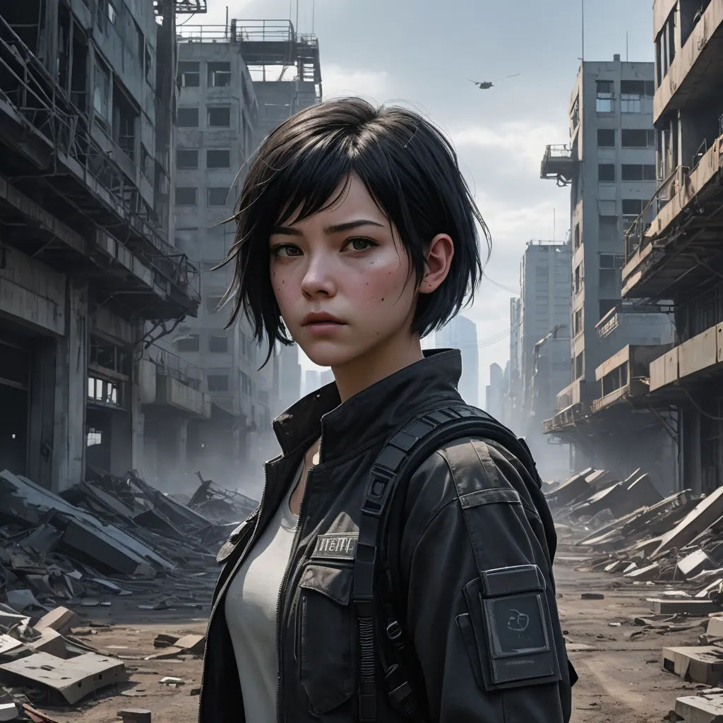 a woman standing in a destroyed city with a gun in her hand and a building in the background with debris, photorealism, a character portrait, Eizan Kikukawa, key art
