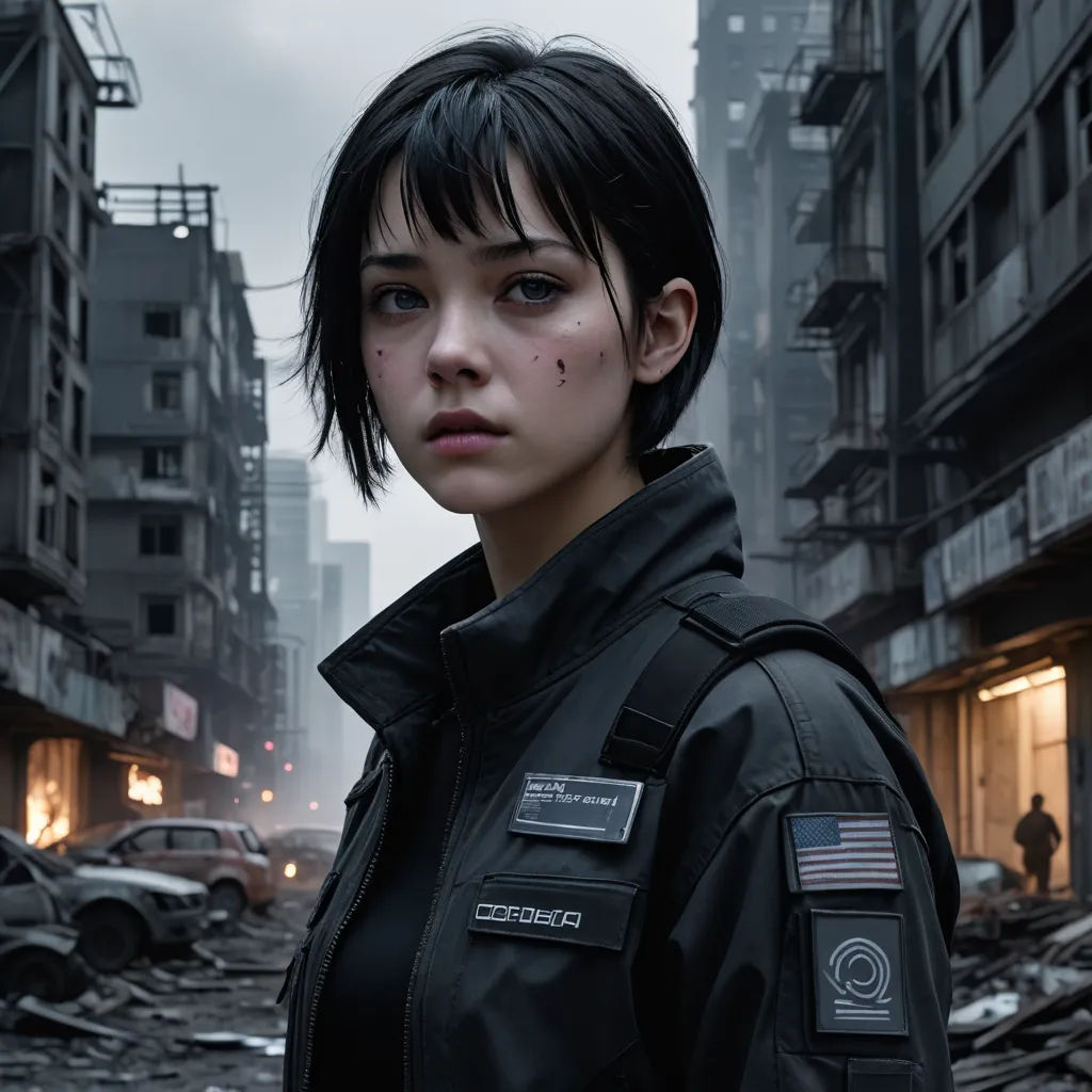 a woman in a black jacket standing in a city street with buildings and debris all around her and a man in the background, neo-figurative, a character portrait, Chen Jiru, cgstudio