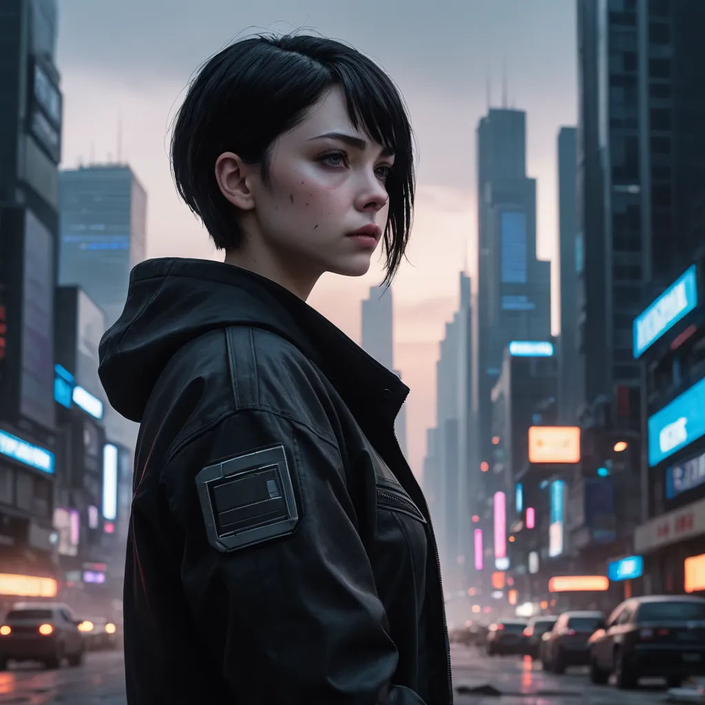 a woman standing in the middle of a city street at night with a city skyline in the background and a dark haired woman with black hair, neo-figurative, cyberpunk art, Cedric Peyravernay, cyberpunk style