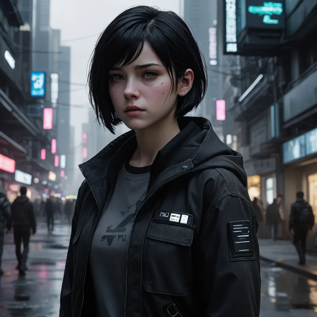 a woman standing in the middle of a city street in the rain with a black jacket on and a black hoodie on, photorealism, cyberpunk art, Cedric Peyravernay, cgstudio