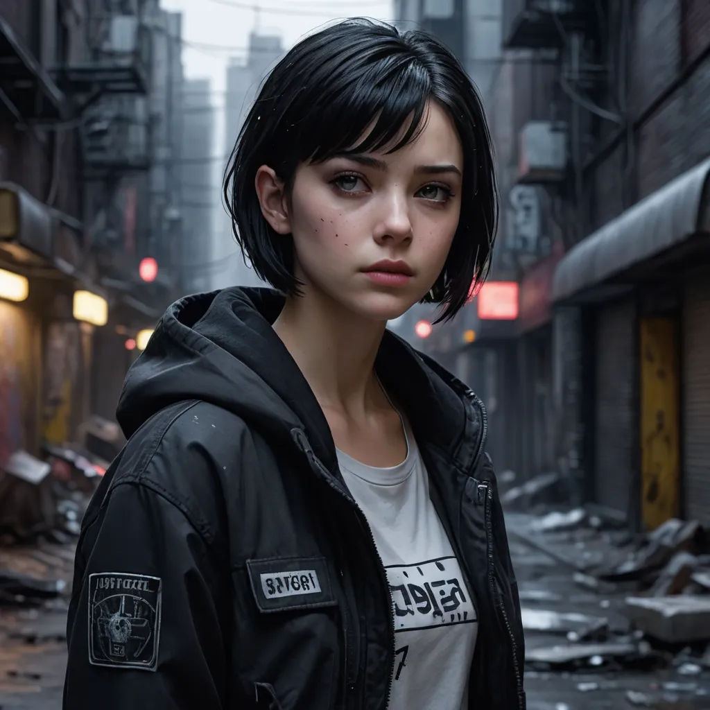 a woman with black hair and a black jacket on in a city street with buildings and debris on the ground, antipodeans, a character portrait, Eve Ryder, kai carpenter