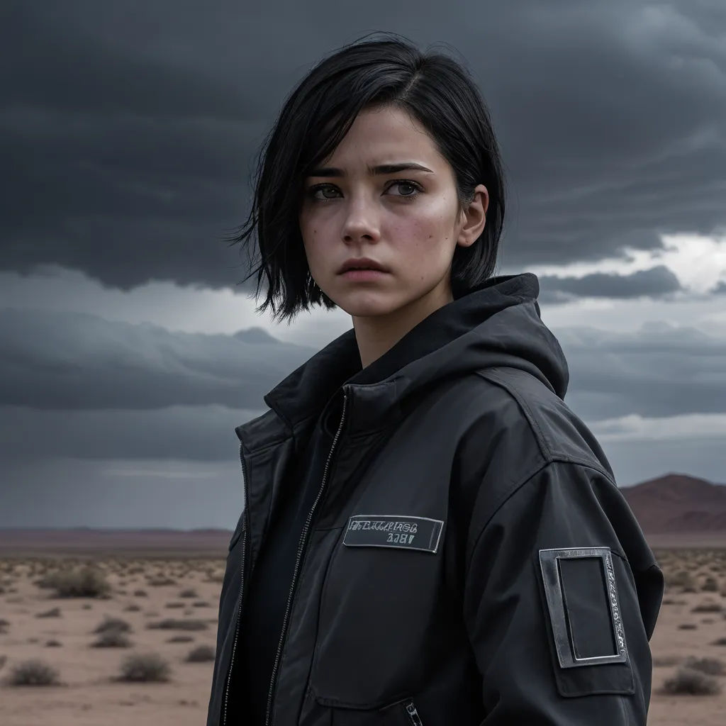 a woman standing in the desert under a cloudy sky with a black jacket on her shoulders and a black hoodie on her head, antipodeans, a character portrait, Eve Ryder, promotional image