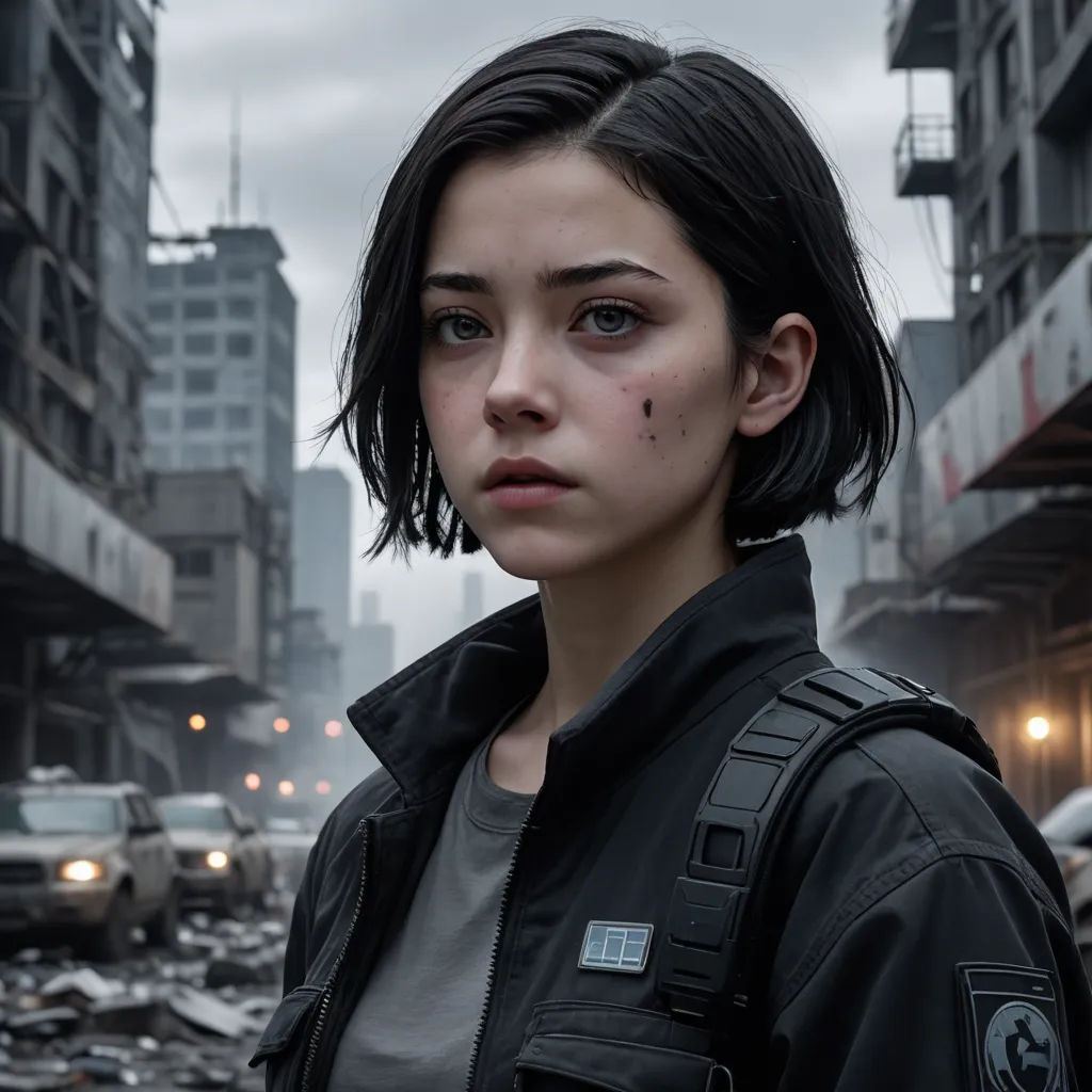 a woman standing in a city street with a lot of debris on the ground and buildings in the background, antipodeans, a character portrait, Eizan Kikukawa, vfx