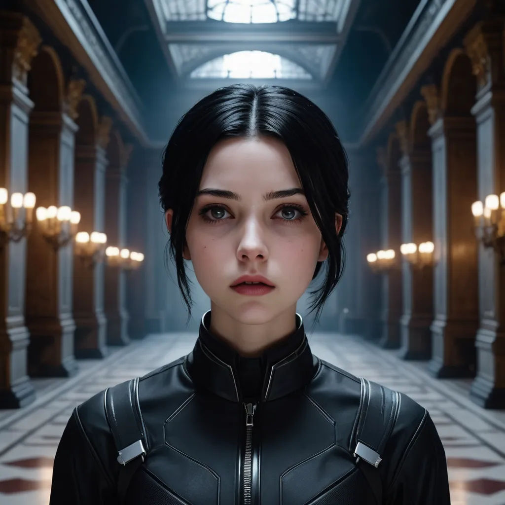 a woman in a black leather jacket standing in a hallway with lights on either side of her face and a clock on the wall, computer art, a character portrait, Cedric Peyravernay, unreal 5