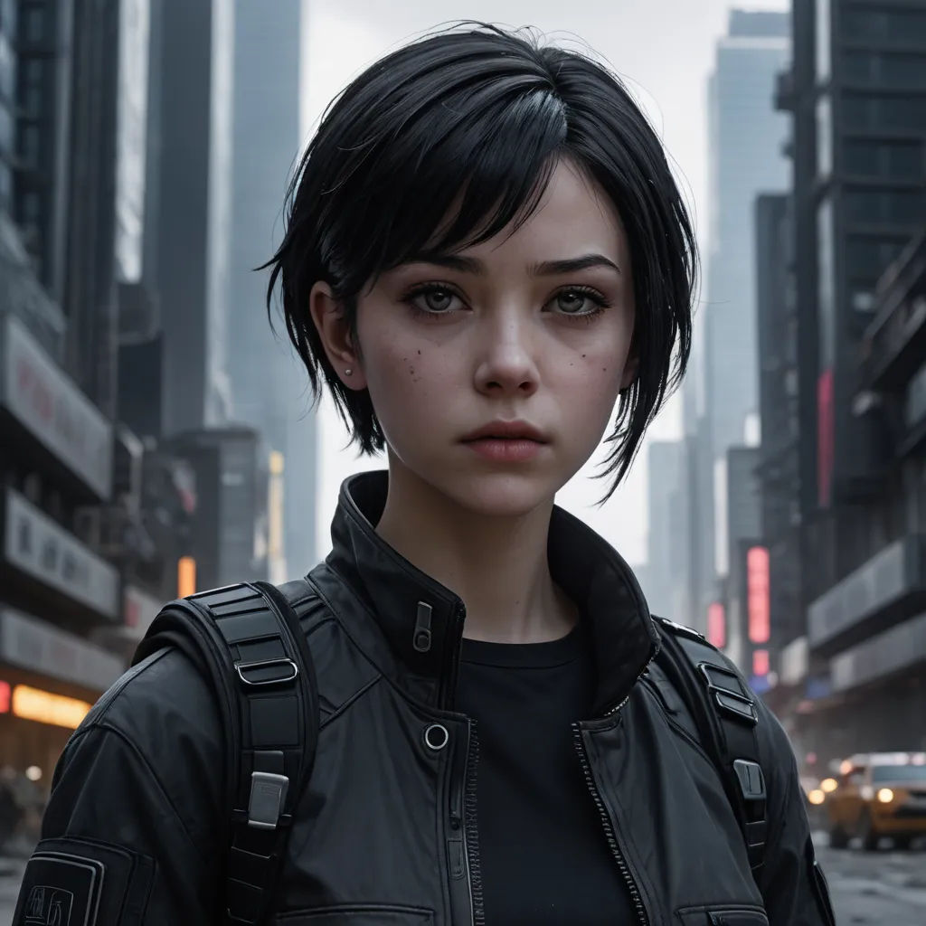 a woman with a black jacket and a black shirt and a city street with cars and buildings in the background, photorealism, cyberpunk art, Cedric Peyravernay, cgstudio