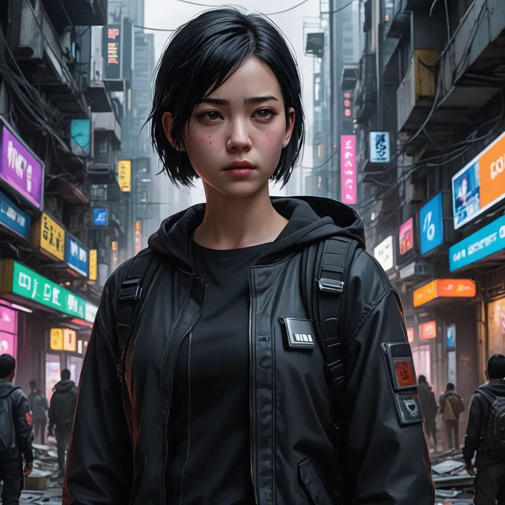 a woman in a black jacket standing in a city street with a lot of neon signs on the buildings, photorealism, cyberpunk art, Dai Jin, cgstudio